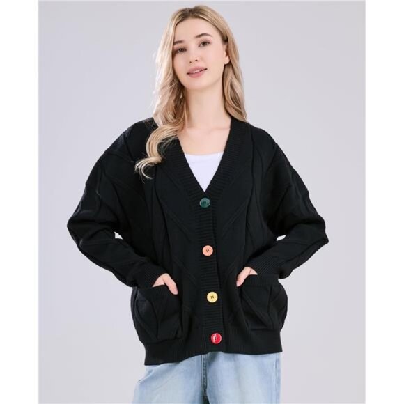 Women's Cable Knit Long Sleeve Open Front Cardigan Sheep V-Neck Button Down - Picture 2 of 6